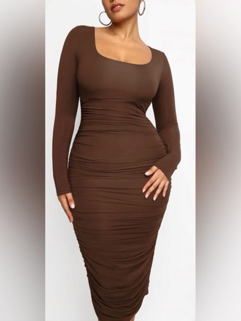 Shapellx Shapewear Dress Brown Long Sleeve Ruched Midi Dress - Square Neck - Picture 2 of 5